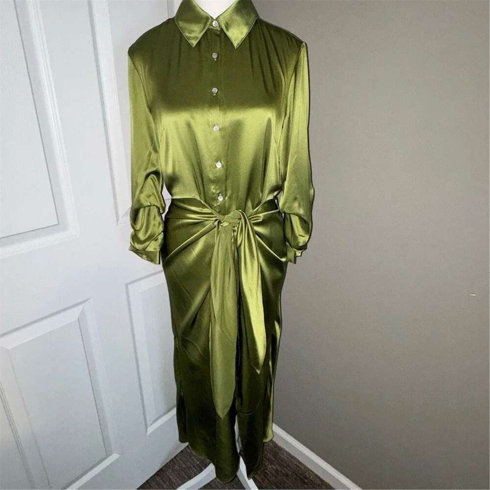 Cinq à Sept Jacey Silk Shirtdress Womens Size 6 Green Moss Tie-Waist Midi Luxe - Picture 3 of 15